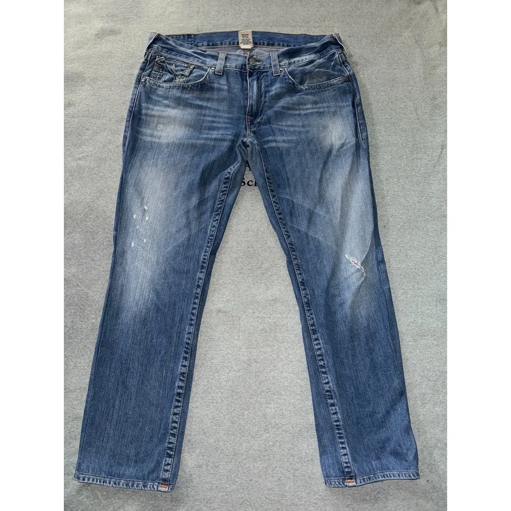 True Religion Jeans Men's Ricky Blue Denim Straight Leg Distressed Size 38